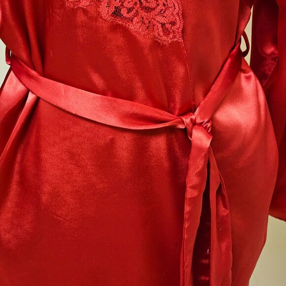Victoria Secret Wrap Robe Womens Size Small Red Satin Lace Trim Belt Short - Picture 9 of 9